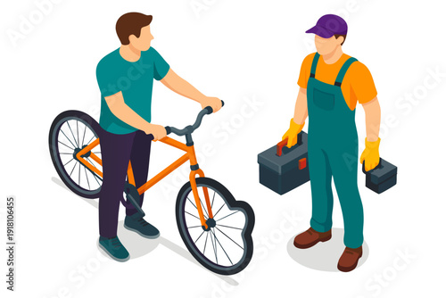 Two men in casual work clothes with a bicycle and toolbox