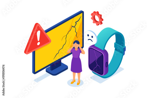 A worried woman standing next to a computer with a broken screen