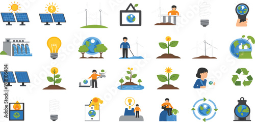 Renewable energy icon set with solar panels wind turbines hydropower dam eco light bulbs and people protecting earth for global sustainability