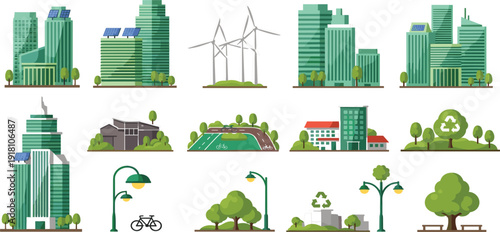 Green eco city set with sustainable skyscrapers wind turbines solar panels bicycle paths recycling icons and urban park elements