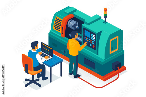 Two workers operating a large industrial machine with computer controls