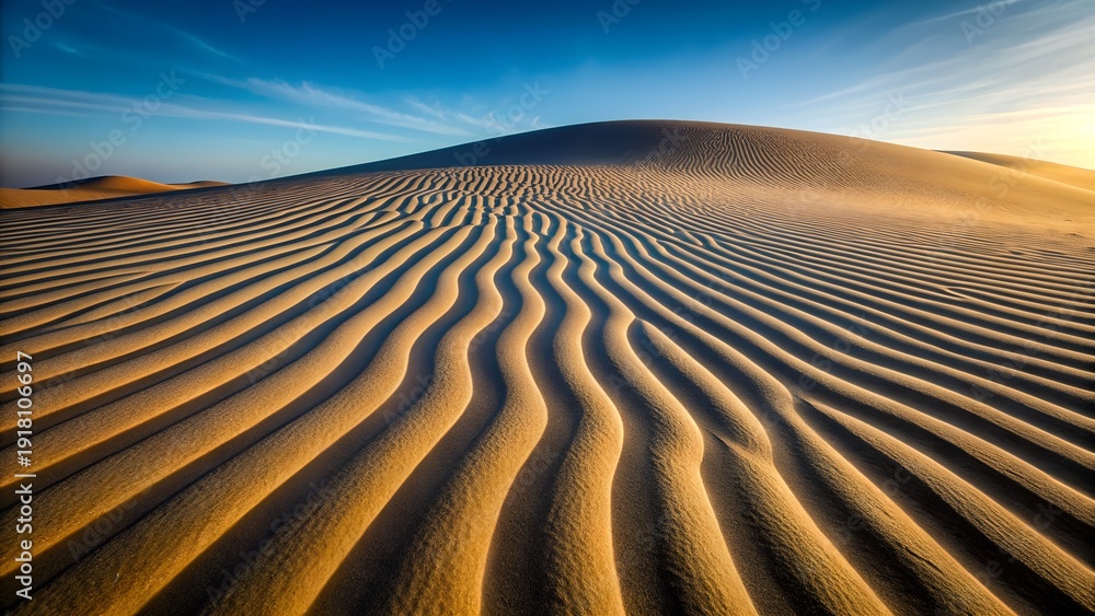 Naklejka premium Rippling Sand Dunes Under a Clear Blue Sky at Sunset desert ripples