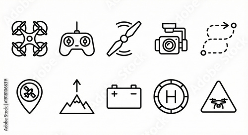 Drone Technology Line Icon Set with Controller Camera Battery and Flight Symbols, Outline Vector Icons Isolated on White