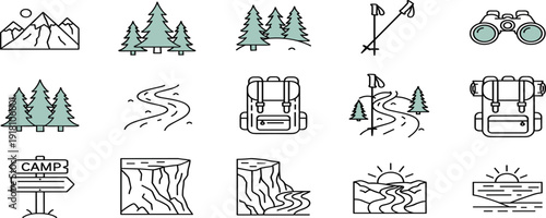 Set of flat line outdoor adventure icons featuring camping gear trekking poles binoculars backpacks cliffs forest trails and mountain landscapes for hiking and wilderness tourism design.