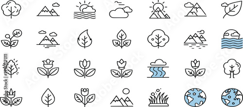 Set of minimalist nature and ecology line icons featuring trees, mountains, leaves, sun, flowers, clouds, and earth globe symbols for environment design.
