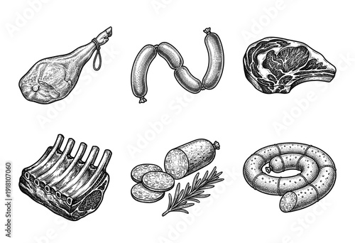 Vintage hand drawn engraving style meat and deli collection featuring ham sausages steak and ribs
