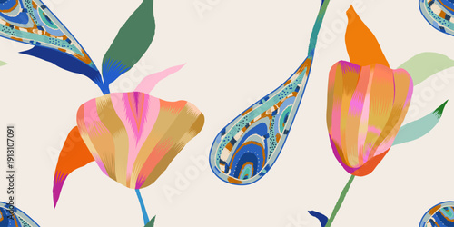 Abstract artistic flowers and paisley pattern. Minimalist bright print. Hand drawn unique template for design. 