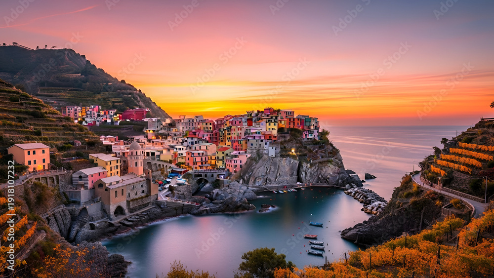 Fototapeta premium Manarola Italy Coastal Village at Sunset with Colorful Buildings and Calm Sea