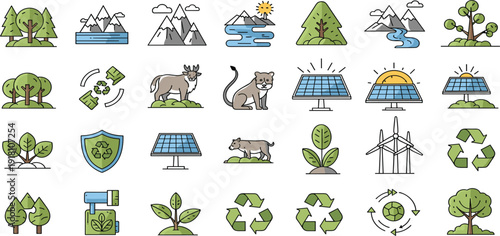 Sustainable development icon set with renewable energy solar panels wind turbines mountains wildlife and forest conservation for eco friendly environmental projects