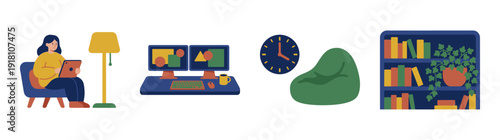 Flat Vector Home Office and Study Room Furniture Graphic Set for Remote Work Lifestyle Content
