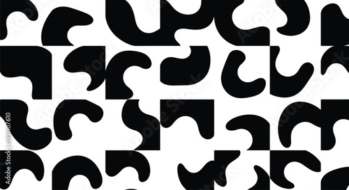 Silhouettes of abstract puzzle tiles arranged in grid pattern representing visual challenge, spatial reasoning, and vector design content