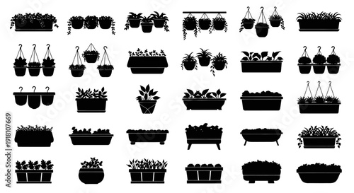 Collection of various potted plants and hanging baskets in black silhouette on white background for gardening and decoration concepts