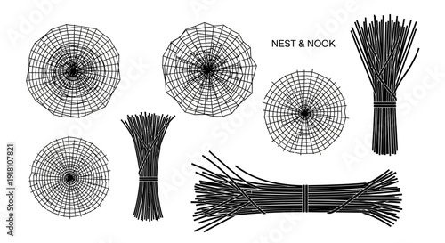 Wireframe nest and nook designs with circular patterns and bundled sticks on white background for home decor and diy projects