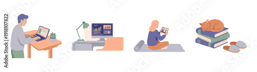 Flat Vector Remote Work and Home Wellness Graphic Set for Modern Freelance Lifestyle Design