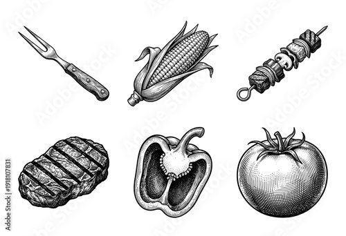 Vintage engraving style barbecue collection featuring grilled steak, corn on the cob, shish kebab, bell pepper, tomato, and carving fork