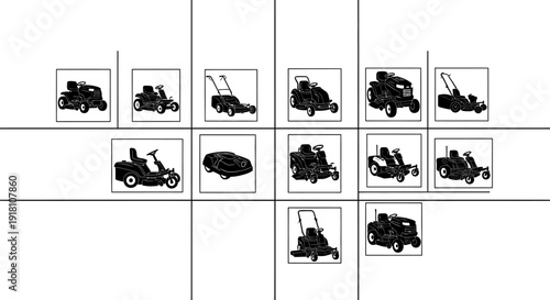 Collection of various lawn mower silhouettes on a grid background