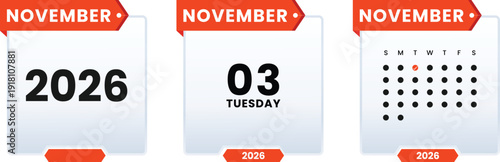 November 3 Tuesday 2026 calendar icon set vector illustrator. Checklist day calender. Schedule date, appointment, month, week, agenda, Containing, organization and event Editable line icons.
