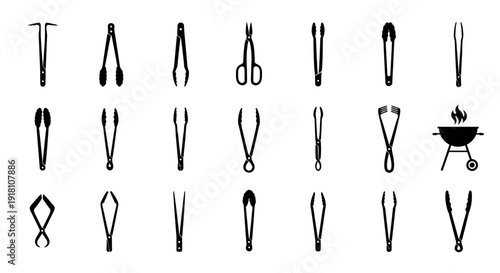 Collection of various barbecue utensils and grill tools on white background for outdoor cooking