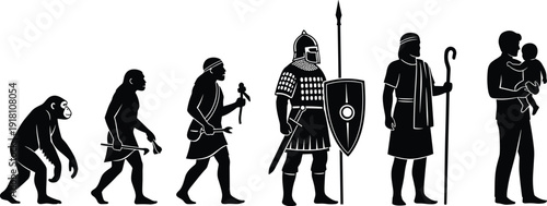 Human Evolution Silhouette Vector Showing Progression from Ape to Stone Age Hunter, Medieval Warrior, Ancient Shepherd, and Modern Father Holding Baby