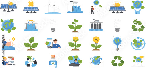 Sustainable smart city vector illustration featuring green buildings electric vehicles solar energy panels and urban gardens for eco friendly modern infrastructure projects