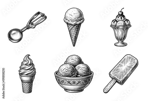 Vintage engraving collection of assorted frozen desserts including ice cream scoops, sundae, soft serve, and popsicle with metal scoop