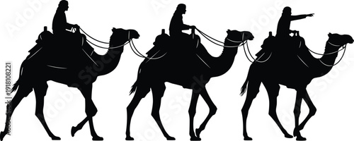 Camel caravan silhouette with bedouin riders traveling through the desert, featuring nomads on dromedaries, isolated black vector on white background, for stock.