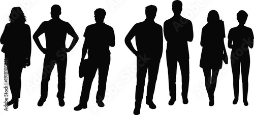 Black silhouette vector illustration of diverse adults standing side by side in casual poses, symbolizing diversity, unity, and group dynamics.