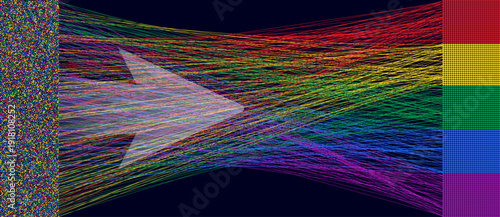 Abstract rainbow data flow banner. Information transition from noise to organized blocks with a white arrow. Conceptual visualization of big data, AI processing and connectivity.