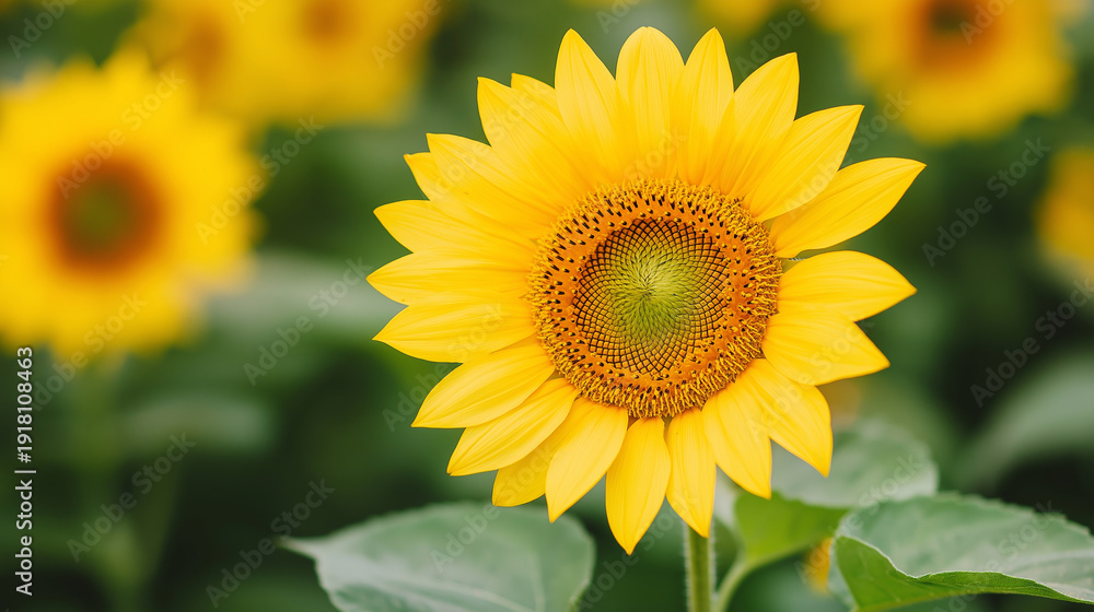 Obraz premium Single yellow sunflower head with green leaves. Helianthus annuus bloom in garden. Spring nature symbol