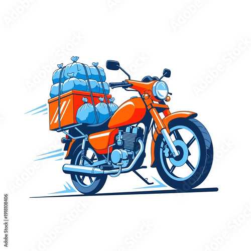 Orange motorbike with cargo fast delivery service speeding on road