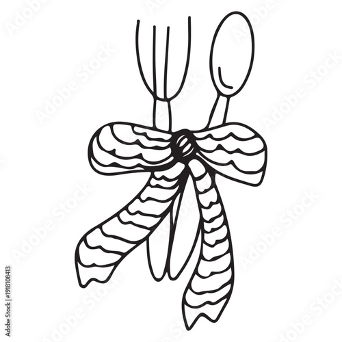 Hand drawn vector illustration of silverware including a fork and spoon tied with a festive bow, isolated on a white background.