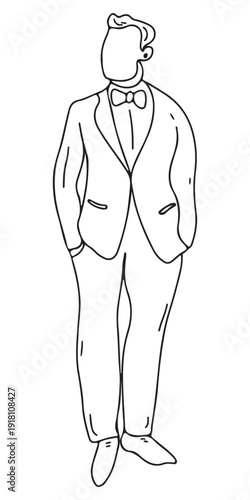 Hand drawn vector illustration of a man in a wedding suit. The man stands confidently with his hands in his pockets, wearing a bow tie and formal shoes.
