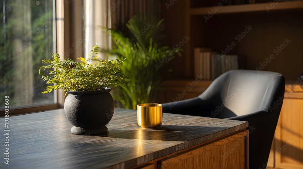 Fototapeta premium Sunlit desk with a green potted plant and golden cup in a sophisticated study room