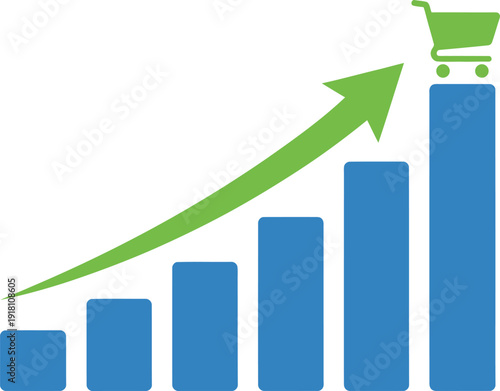 Green arrow rising shopping cart on blue graph bars increasing business growth success finance