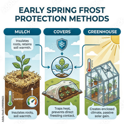educational illustration explaining three key methods to protect plants from frost in early spring. how mulch, covers, greenhouses help insulate and trap heat ensure plant survival during cold snaps.