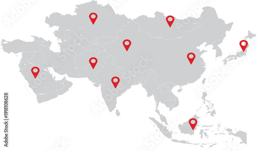 Asia map with red location pins travel and business concept infographic element