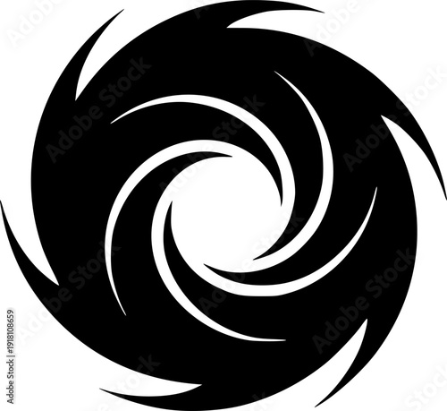 Abstract black and white swirl vortex, dynamic circular motion and fluid energy graphic design element.