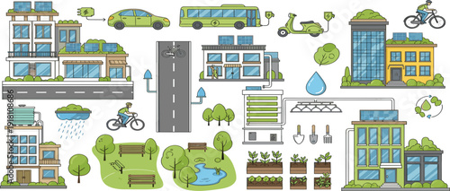Sustainable smart city vector illustration set with green buildings electric vehicles solar energy urban gardens and eco friendly infrastructure for modern environment