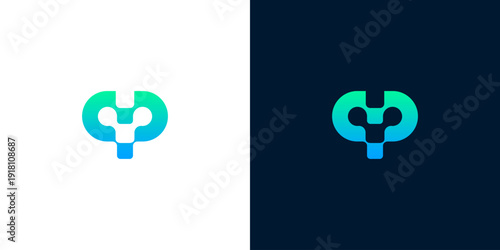 Modern digital abstract logo design, geometric shape in blue and green gradient colors, symbolizing technology and innovation