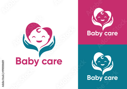 Vector hand drawn baby care logo design in simple line style - happy baby and mother logo for kids shop and baby care center. vector baby love logo