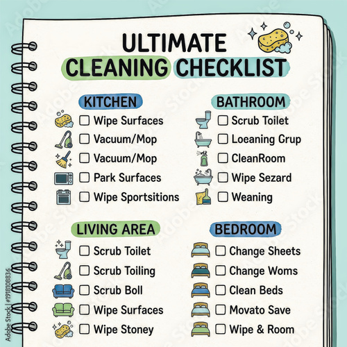  A colorful, hand-drawn doodle of a cleaning checklist for different rooms. A humorous take on household chores and organization.Vector illustration
