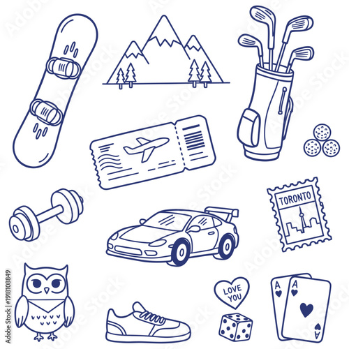 A collection of recreational activities and travel icons, including sports equipment, a vehicle, and a mountain landscape, perfect for a vacation or leisure theme