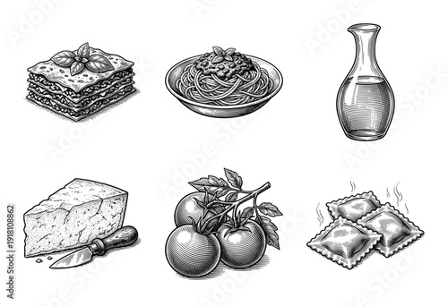 Italian cuisine food set featuring lasagna, spaghetti, olive oil, parmesan cheese, tomatoes, and ravioli in a vintage woodcut engraving style.