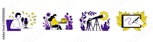 Flat Vector Creative Professionals Illustration Set for Digital Content Creation and Remote Work Marketing