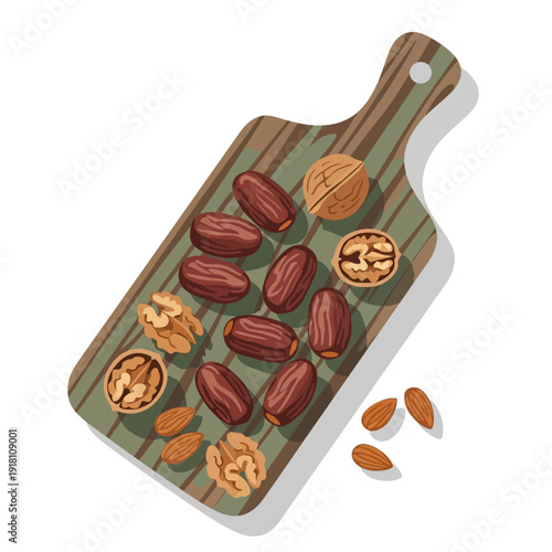 Variety of nuts and dates arranged on a wooden cutting board