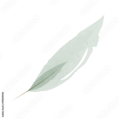 A light green watercolor leaf with a slender stem gracefully floats on a white canvas. The soft brushstrokes create a gentle texture, highlighting its natural elegance.