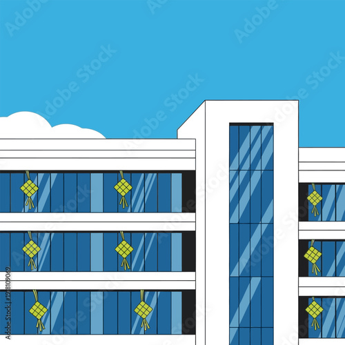 Modern white building with blue glass windows under a clear sky