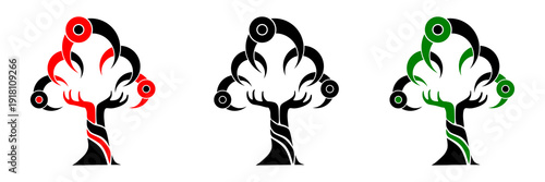 Abstract tree logo icon with caring hands and tribal eye elements in three color variations