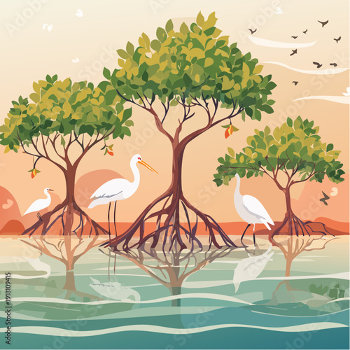 Serene Mangrove Ecosystem with White Herons Reflecting in Calm Water