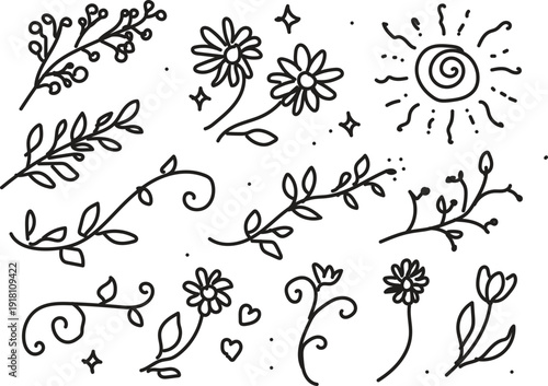 Hand drawn floral doodles with botanical branches sun and decorative garden elements